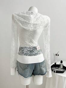 Elamini Women's Casual Versatile Vacation Hooded Sweatshirt, Tight-Fitting Sexy Lace White Sweatshirt, Summer - White - View 2