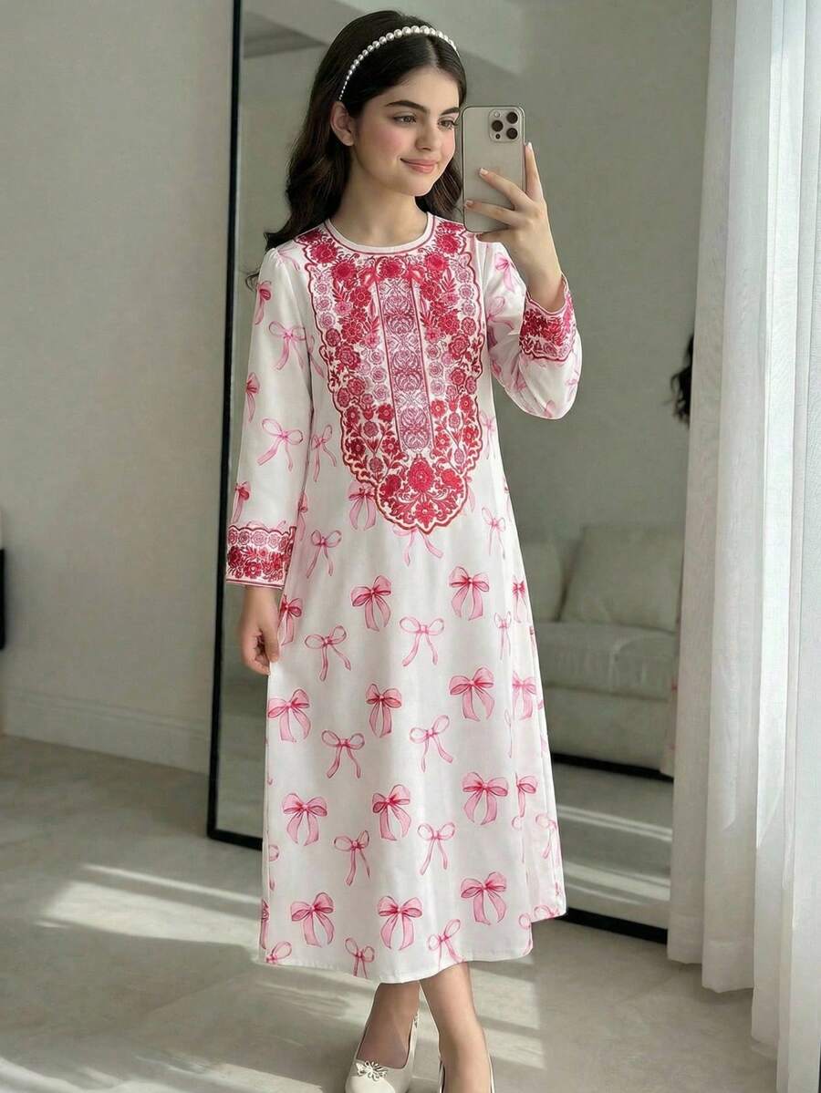 White And Red Girls Modest Dress,Arabic Pattern Woven Fabric Classic Vintage Elegant Fashionable Dress With Bag - Multicolor - View 1