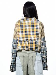 SUMWON WOMEN 女士超大款拼接格纹纽扣衬衫，混合格纹图案，长袖设计，适合秋冬休闲街头风穿搭。 - 彩色 - 查看 2