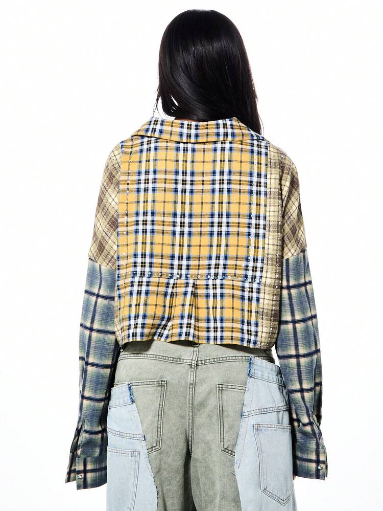 SUMWON WOMEN Oversized Patchwork Plaid Button Shirt