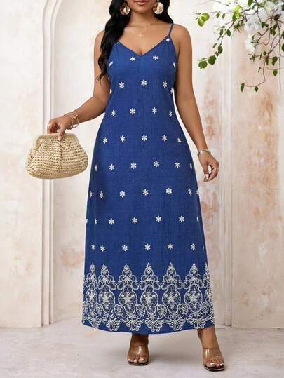 Fleurora Damen Große Größen 3D Blumen Dekor Lässig Urlaubs-Date Kleid