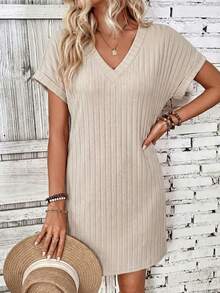 EMERY ROSE Đầm nữ màu trơn tay cánh dơi cổ chữ V dáng casual, chất liệu gân nổi. - Màu be - Xem 4