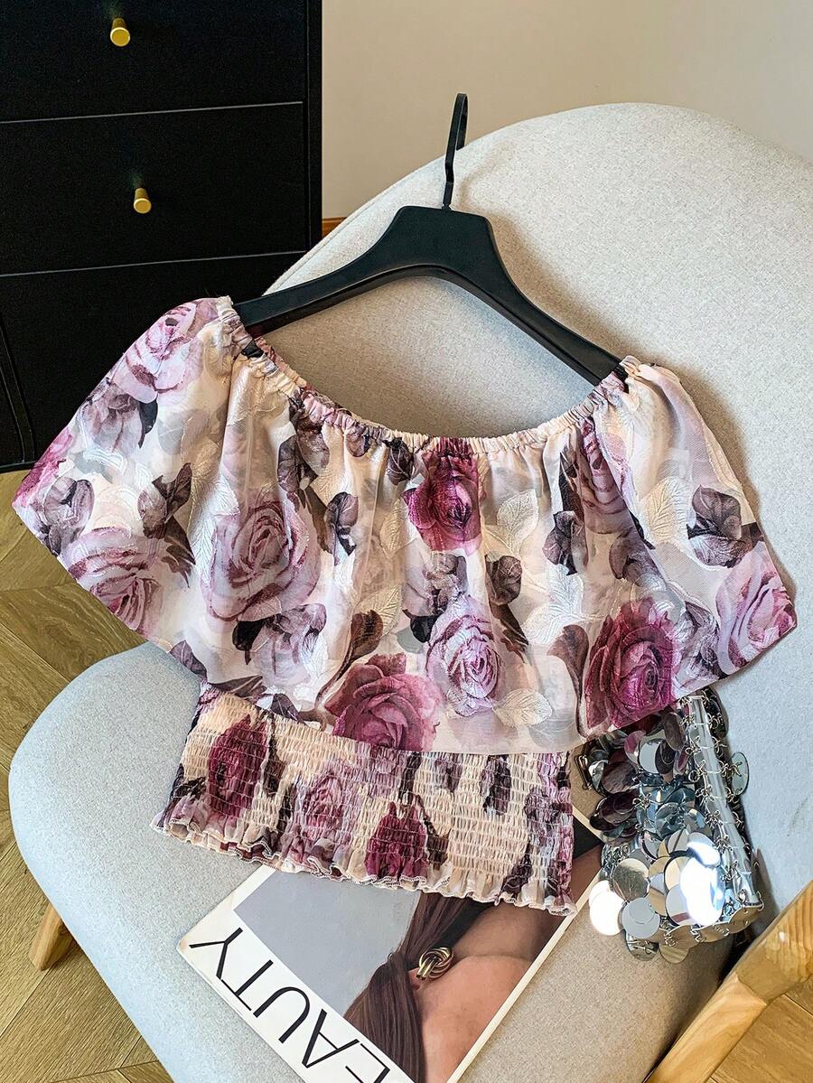 GlowEve Chiffon Burnout Print Off Shoulder Elegant Women Blouse - Purple - View 1