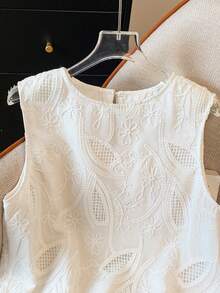 GlowEve White Embroidered Shell Trim Sleeveless Blouse For Women, Vacation - White - View 3
