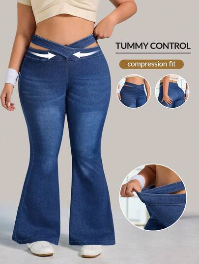 Flexra Pantalones de mezclilla acampanados con diseño cruzado en la cintura, estilo deportivo para mujer talla grande