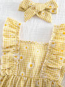 Vintaside Kids 女婴夏季黄色格子雏菊印花荷叶边吊带连衣裙，田园风格，清新图案，适合户外、度假、休闲和派对场合 - 黃色 - 查看 6