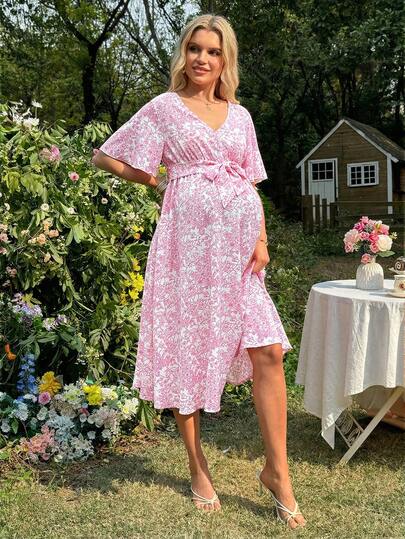 SHEIN 花卉印花V领荷叶袖优雅孕妇度假连衣裙