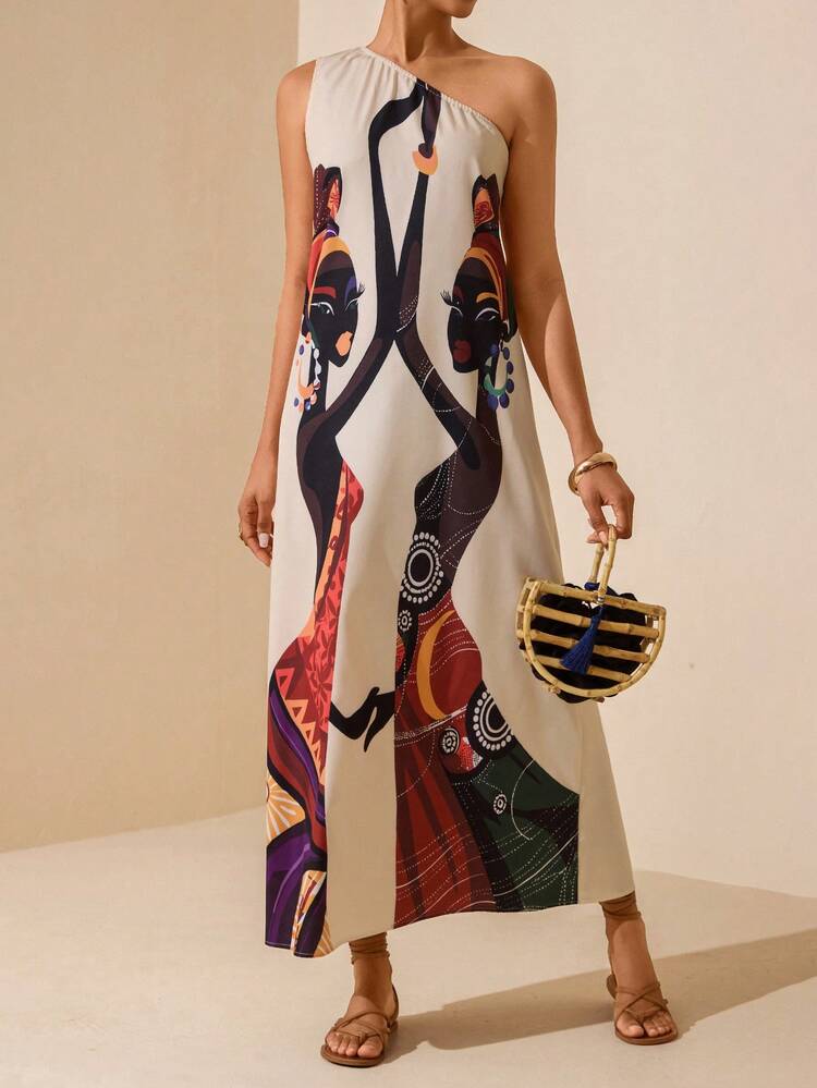 Vesra Printed Maxi One-Shoulder Dress For Women, Vacation - Apricot - View 5