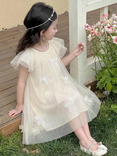 Young Girl' Elegant Cute Bow & Pearl Decorated Dress, Suitable For Casual Outings, Park, Vacation