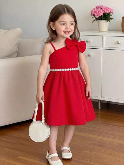 Elladie kids 少女小众设计斜肩蝴蝶结腰身红色蕾丝花卉连衣裙，情人节儿童夏季女士公主裙