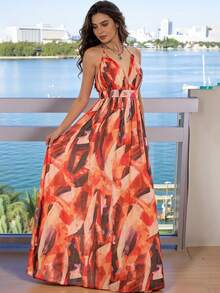 Balvessa 女士深V领印花腰部喇叭下摆度假连衣裙 - 彩色 - 查看 3