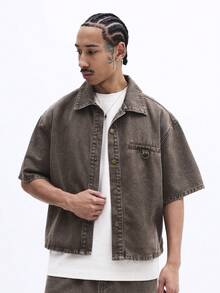 SUMWON Bộ đồ hai mảnh gồm áo sơ mi và quần short denim dáng rộng, tay ngắn, cài cúc, màu nâu xám bạc cổ điển, dáng rộng thoải mái, thích hợp cho mùa hè. - Màu be - Xem 3