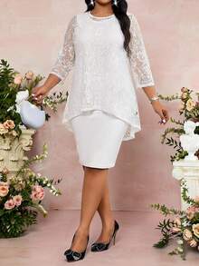 SHEIN Lady Spring And Summer Autumn And Winter Elegant Commuting Office White Lace Knitted Scoop Neck Midi Three Quarter Length Sleeve Plus Size Co-Ords Summer Clothes Summer Outfits For Women Summer Outfits Women's Summer Set Spring Outfit Women Spring Break Outfits Valentine's Day  Birthday Dress  Elegant Dresses For Women - White - View 4