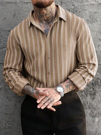 Manfinity CasualCool Men's Vintage Brown & White Striped Casual Long Sleeve Shirt, Autumn