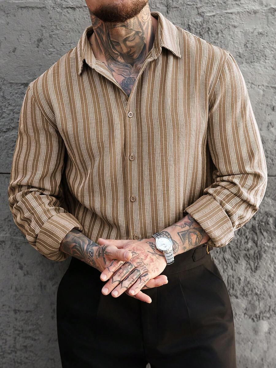 Manfinity CasualCool Minimalist Men's Long Sleeve Button Front Khaki Striped Regular Shirt In Woven Fabric For Casual Wear - Khaki - View 1