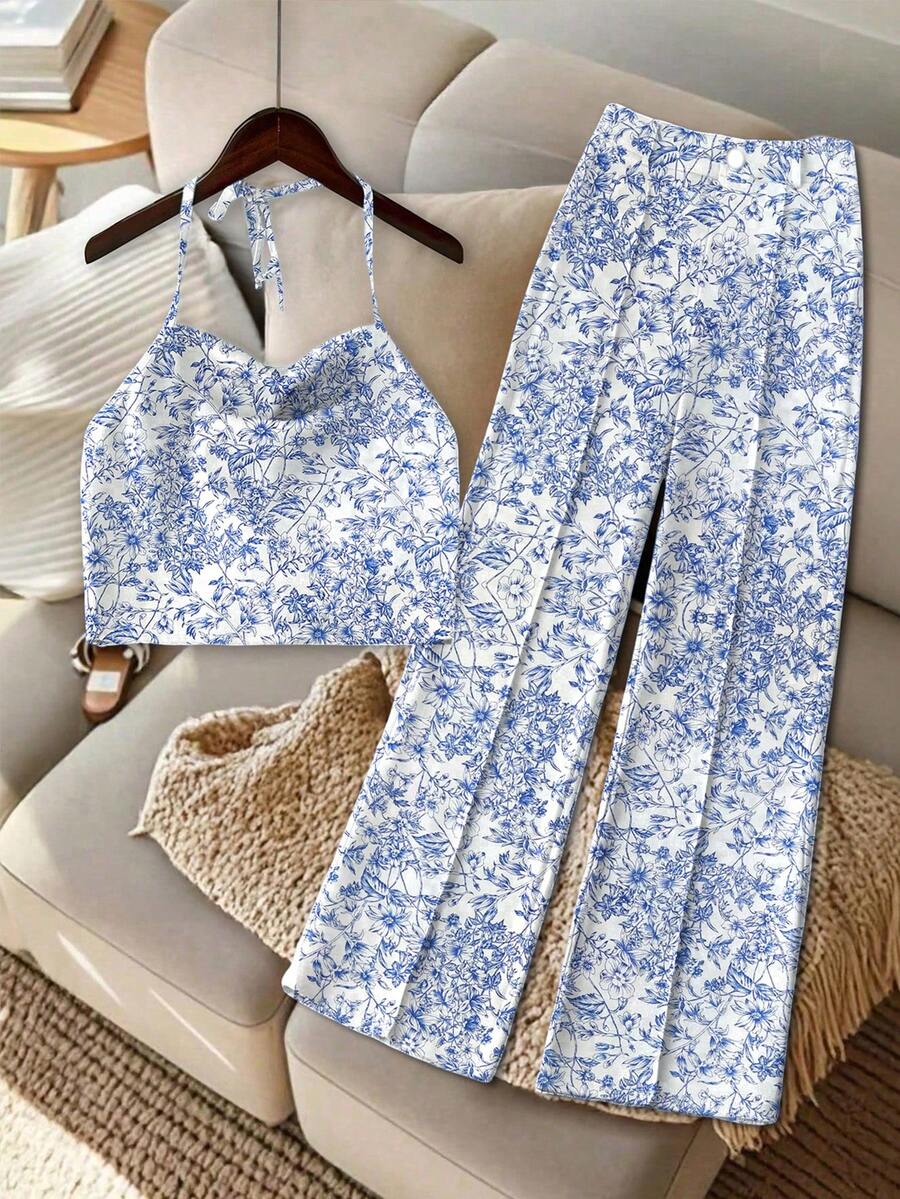 Franclia 2件套女士印花性感露背吊带背心和裤子套装，夏季服装 - 藍色 - 查看 1