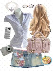 SHEIN Unity 女士条纹短袖纽扣修身衬衫 - 藍色 - 查看 7