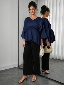 Momance Maternity Solid Color V-Neck Batwing Sleeve Elegant Blouse Fall - Royal Blue - View 6