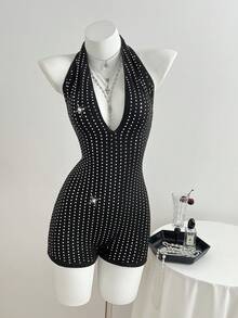 Elamini Sexy Glitter Deep V-Neck Tie-Up Bodycon Backless Romper, Spring - Black - View 4