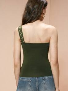Arave Áo tank top dệt kim màu trơn dành cho nữ, dáng ôm, thiết kế lệch vai với khóa kim loại trang trí, kiểu dáng thường ngày, phong cách giản dị. Thích hợp cho mùa hè. - xanh quân đội - Xem 2