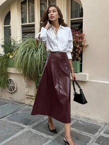 Pariaura Women's Burgundy Pu Leather Zipper And A-Line Halloween Costume Party Elegant Skirt For Party Wedding Guest Skirt For Women Going Out Winter For Women Elegant Party Autumn Winter Christmas Skirt Fall For Women Chic Classy For Women Skirt - Burgundy - View 3