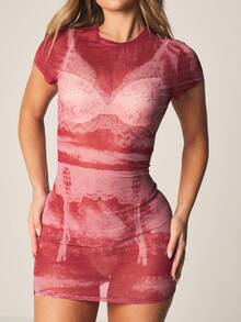 MISSGUIDED Burgundy Short Sleeve Mesh Mini Dress With Abstract Watercolor Print For Party Evening - Red - View 4