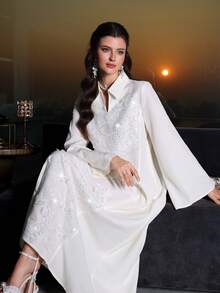 Yasmyna Stand Collar Sequins Embroidered Textured Solid Color Dress - White - View 4