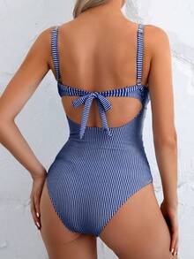 Swim Basics Women's Sexy One-Piece Striped Hollow Front Lace-Up Back Swimsuit, Summer - Royal Blue - View 2