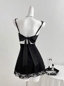 Elamini 女士休闲性感露背蕾丝收腰连衣裙 - 黑色 - 查看 2