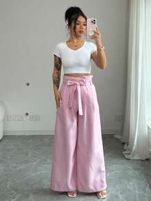 SHEIN Elenzya Tie-Up Waist Casual Commuter Elegant French Style Versatile Women's Suit Pants - Pink - View 5