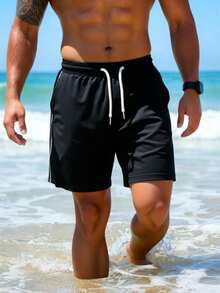 Manfinity KASUA Men's Elastic Waist Drawstring Loose Casual Beach Shorts, Summer - Black - View 5