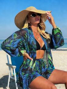 Swim Lushoire 女士春夏沙滩套装，热带树叶印花长袖和服罩衫搭配束腰短裤 - 黑色 - 查看 4