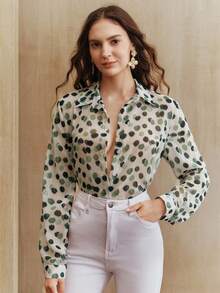 Anewsta 女式优雅法式领长袖双色波点印花衬衫，秋季 - 橄欖綠 - 查看 6