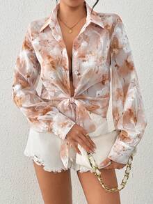 Rafferiza Áo kiểu tay dài bằng vải chiffon in họa tiết, khoét eo, đính đá lấp lánh, buộc dây ở gấu áo. - Nhiều màu - Xem 3