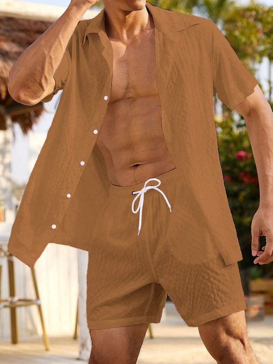 Manfinity KASUA Men's Solid Color Casual Beach Vacation Outfit - Khaki - View 1