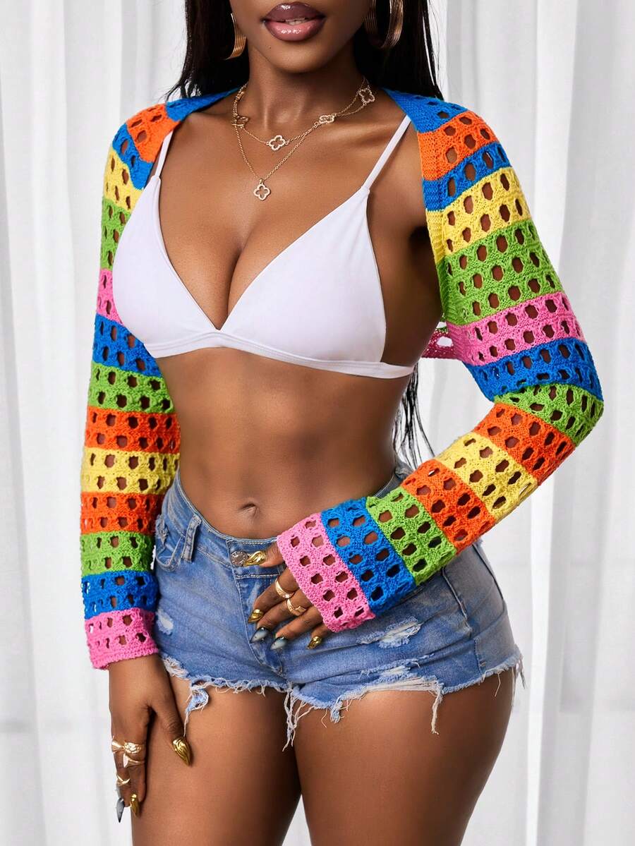 SHEIN BamGlam Áo khoác cardigan nữ họa tiết sọc nhiều màu sắc, nhẹ nhàng, thích hợp cho kỳ nghỉ hè/xuân ở bãi biển. - Nhiều màu - Xem 1