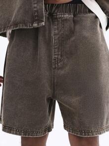 SUMWON Bộ đồ hai mảnh gồm áo sơ mi và quần short denim dáng rộng, tay ngắn, cài cúc, màu nâu xám bạc cổ điển, dáng rộng thoải mái, thích hợp cho mùa hè. - Màu be - Xem 7