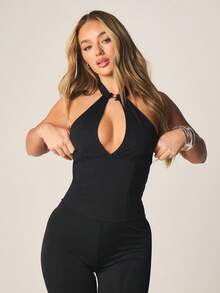 MISSGUIDED 露背吊带上衣，纽扣系带，适合晚宴、夜店穿着，修身剪裁，女士无袖上衣，夏季款 - 黑色 - 查看 4