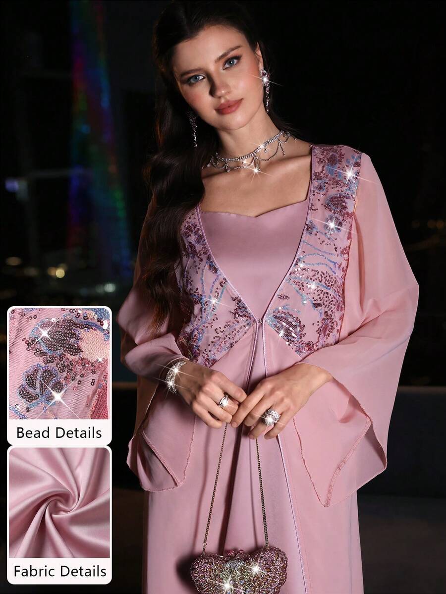 Layrah Elegante vestido de cuello cuadrado con bordado de cuentas y mangas acampanadas 2 en 1, para primavera/verano