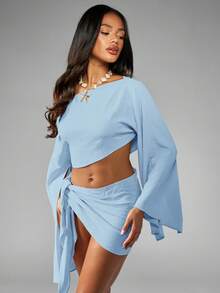 MISSGUIDED Off Shoulder Beach Cover Up With Long Sleeves And Side Tie Mini Skirt Linen Feel Coord Set - Blue - View 3