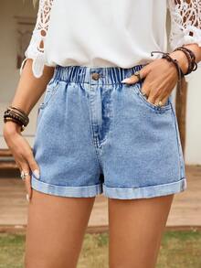 SHEIN Tall 女士松紧腰带口袋束口休闲宽松牛仔短裤，夏季 - 淺色水洗藍 - 查看 4