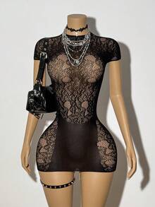 SHEIN DivaQ Women's Sexy Black Jacquard Cap Sleeve Bodycon Dress - Black - View 3