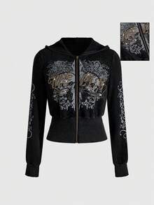 ROMWE Grunge Punk Áo sweatshirt nữ dáng ngắn ôm sát, in hình đầu lâu và dây leo đính đá kiểu punk cổ điển Y2K. - màu đen - Xem 10