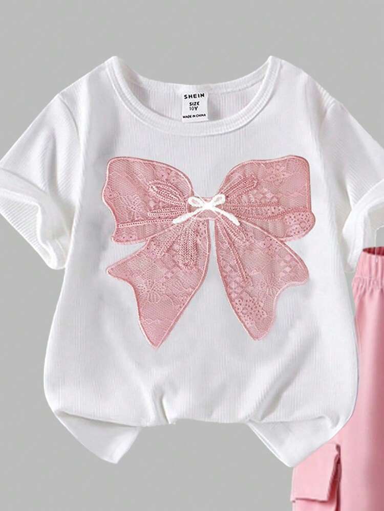 SHEIN Elladie kids 2 pièces/Ensemble Tenue décontractée pour pré-adolescentes avec t-shirt à broderie en forme de nœud et pantalon utilitaire, à la mode pour le printemps et l'été - Rose bonbon - Voir 4
