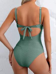 Swim Basics 女士性感连体条纹镂空前系带后背泳衣，夏季 - 墨綠色 - 查看 2