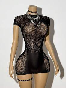 SHEIN DivaQ Women's Sexy Black Jacquard Cap Sleeve Bodycon Dress - Black - View 1