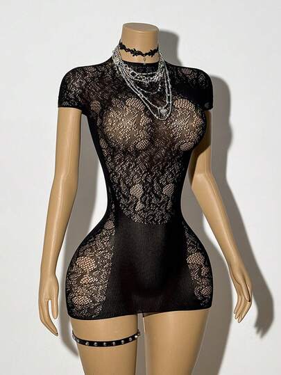 SHEIN DivaQ Abito attillato a maniche corte con motivo jacquard nero sexy da donna