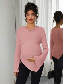 SHEIN Áo thun bầu cổ cao tay chuông vạt lệch bất đối xứng có dây rút, trang phục thu đông dành cho nữ. - Hồng - Xem 4