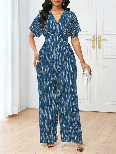 Lunelith SHEIN Lunessa V-ringad kortärmad heltäckande randig tryckt elastisk midja åtsittande elegant casual jumpsuit för kvinnor