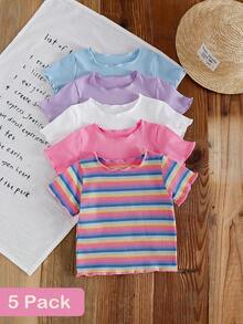 SHEIN 5pcs/Set Infant Girls' Fashion Frill Trim Tops, Spring/Summer - Multicolor - View 1